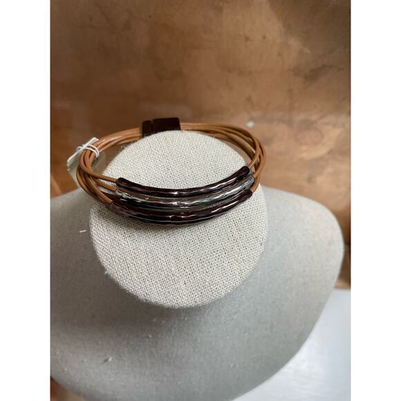 NWT 5 Layered Leather Cable String Bracelet Bronze & Silver Metal Magnetic Clasp - Picture 1 of 6